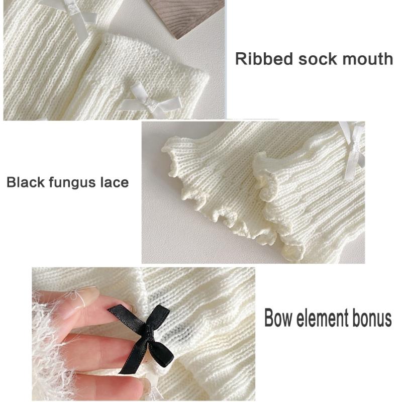 Sweet Girls Leg Warmers Women Ribbed Knit Striped Foot Cover Elegant Bowknot Ruffled Trim Boot Cuffs Footless Calf Socks