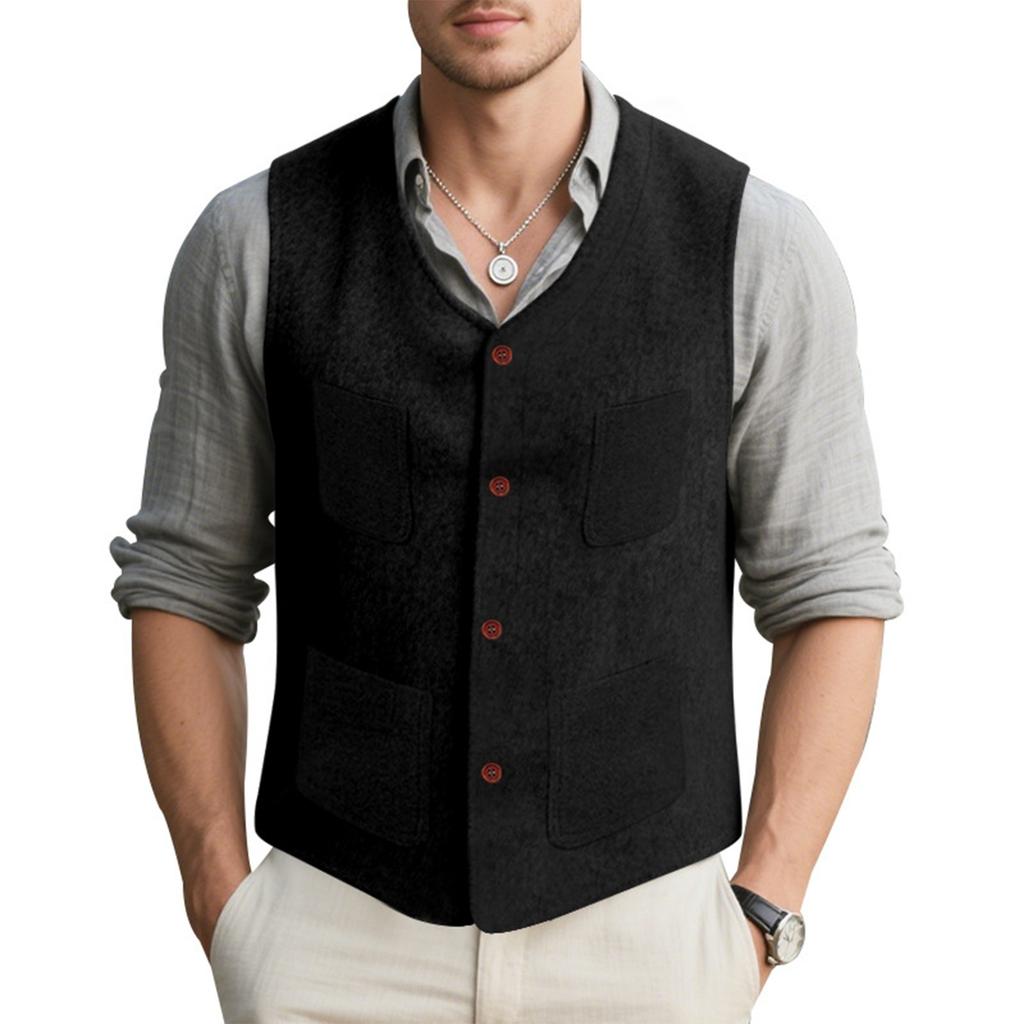 Męska modna casualowa dopasowana wełniana kamizelka jednorzędowa w jednolitym kolorze