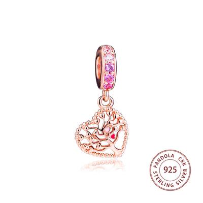 Authentic 925 Sterling Silver Rose & CZ Tree of Love Dangle Charms Fits Original Bracelet Metal Beads for Jewelry Making