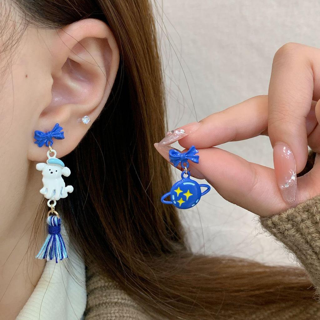 Cute Blue Bear Earrings for Women - Silver Needle Niche Carousel Design