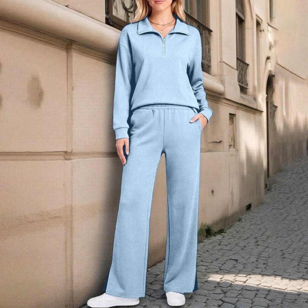 Damen 2-teiliges Freizeit-Outfit-Set mit durchgehendem Reißverschluss, Kragen und langen Ärmeln sowie Hose mit weitem Bein