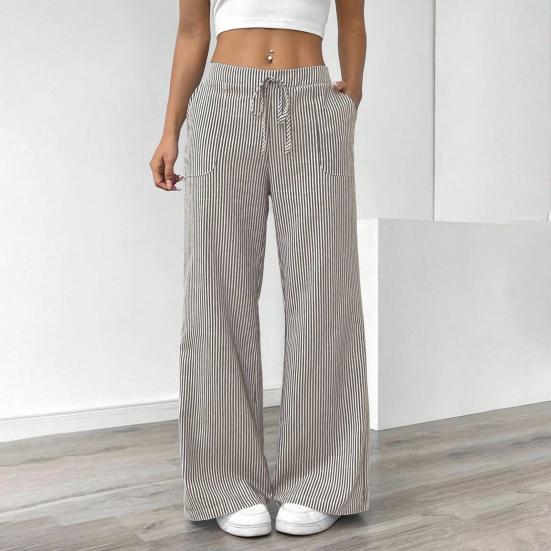 Yousheng Women Long Pants Elastic Waist Striped Design Straight Wide Leg Trousers with Pockets Relaxed Fit Leisure Pants