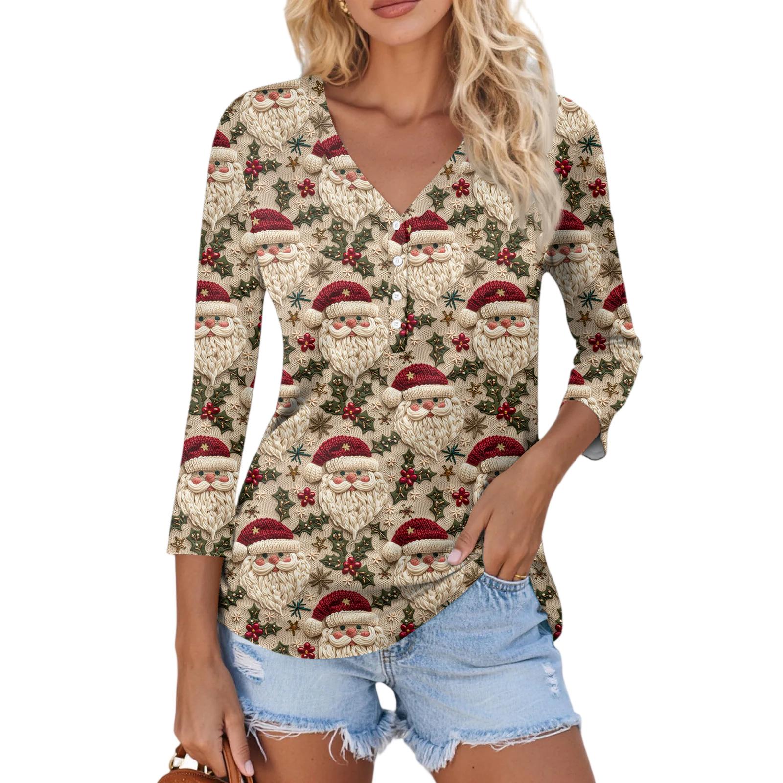 

Women s Casual Fashion Sexy Comfortable Christmas Print V-Neck Button Three-quarter Sleeve Top XL
