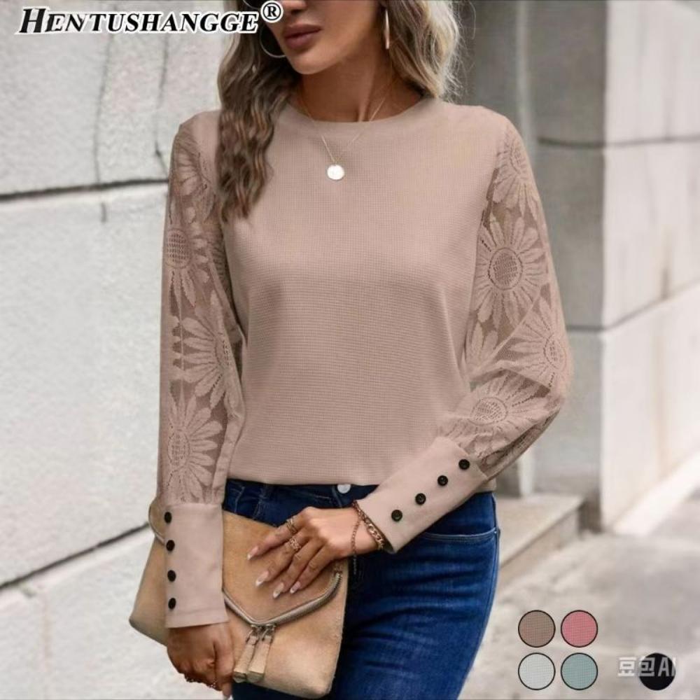 2024 Autumn Top European and American Solid Color Long Sleeve Embroidered Lace Splicing Waffle Round Neck Top Fashionabl Versatile