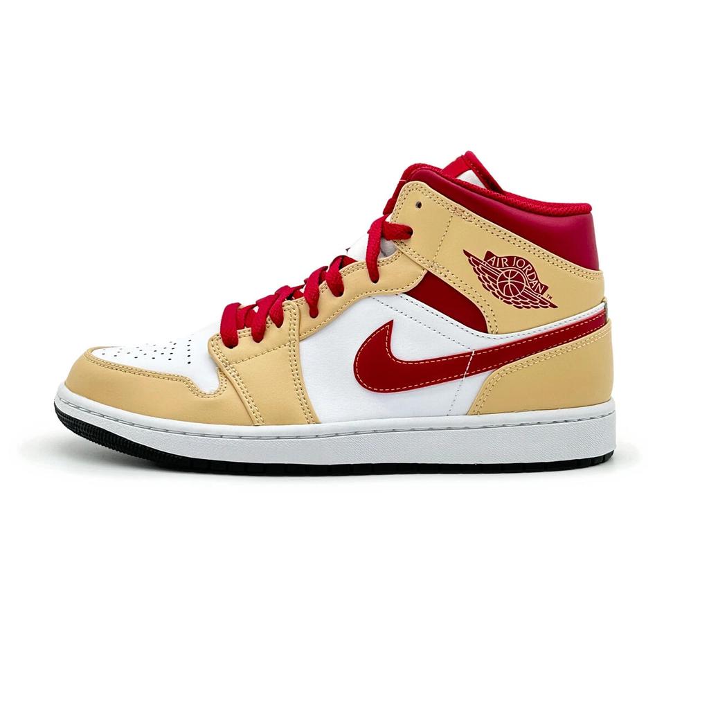554724-201 Nike Air Jordan 1 Mid Onyx Beige Light Curry Cardinal Red