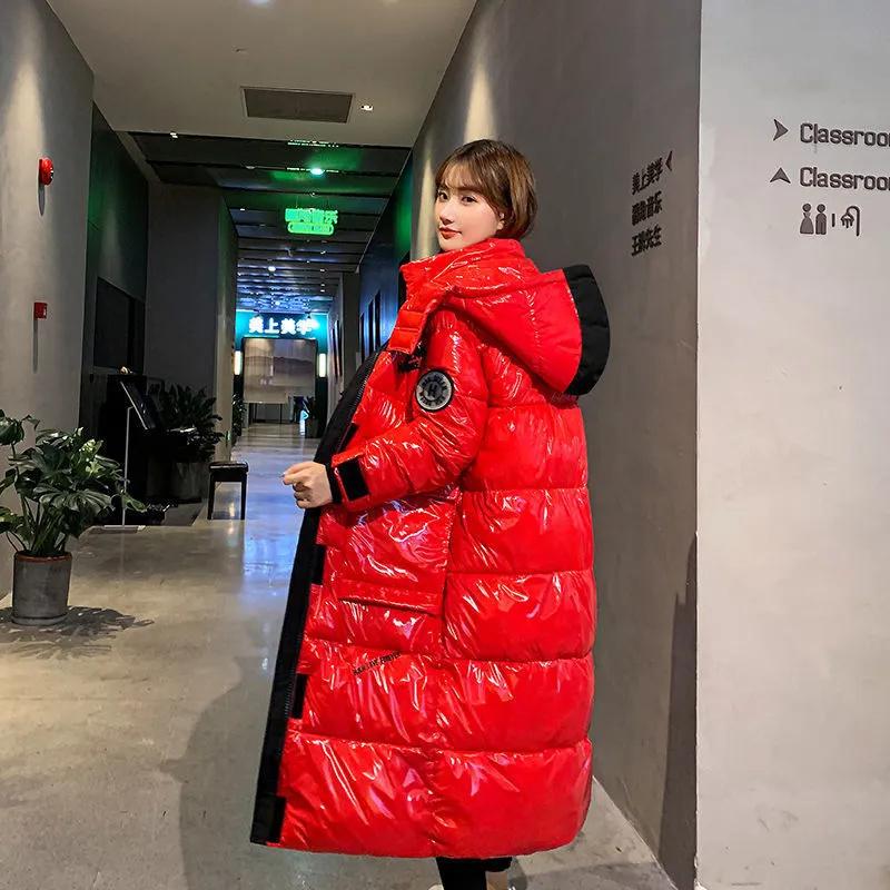 Winter Glossy Parker Female Warm Thicken Down Cotton Jacket Windproof Rainproof Women's Hooded Coat Casual Long Overcoat