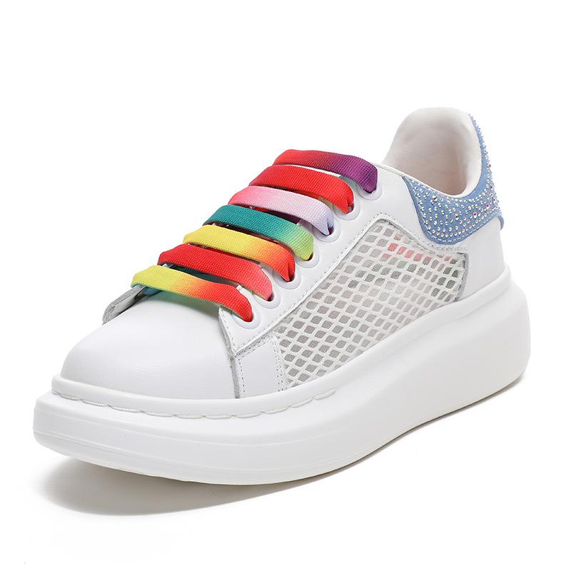 Women's leather shoes new single shoes mesh breathable rhinestone versatile sports and leisure board shoes pastel
