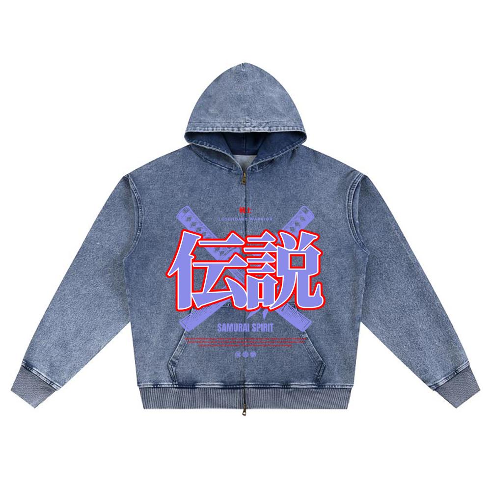 DTG print Knitted Denim Zip-Up Hoodie Japan Samurai Brother Print Zipper Hoodies