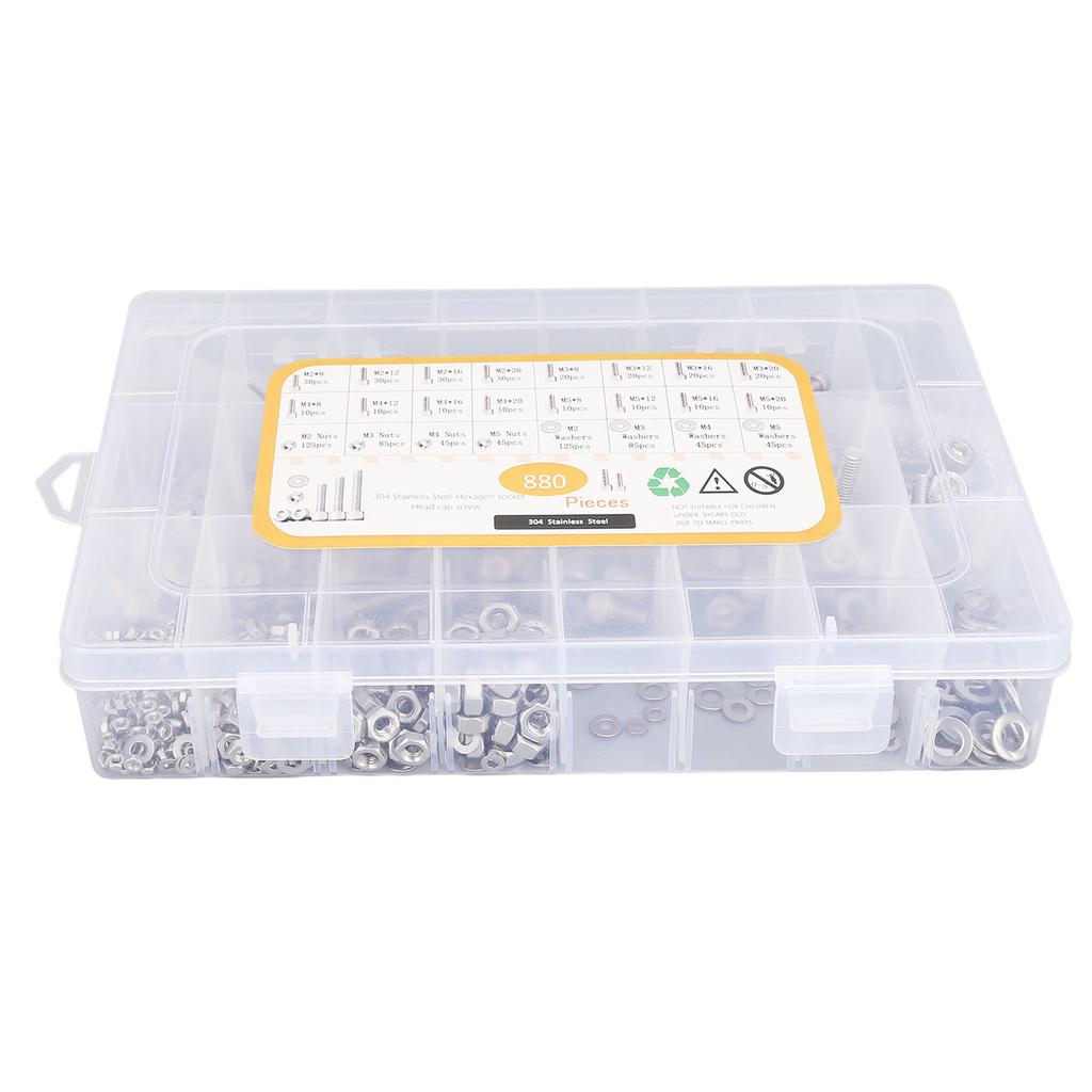 880PCS Stainless Steel Screw Assortment Kit M2 M3 M4 M5 Cylindrical Hex Head Bolts Nuts Flat