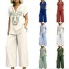 Women’s Loose Fit Linen Two Piece Set Embroidered Short Sleeve Top and Wide Leg Pants Casual Outfit for Daily Wear