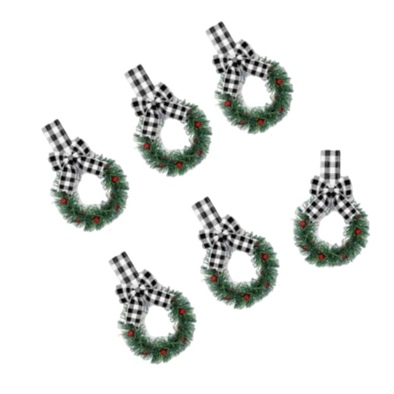 6Pcs Artificial Wreath 13cm Small Christmas Wreaths Ribbon Bows Wreath for Front Door Kitchen Cabinets Wall Window