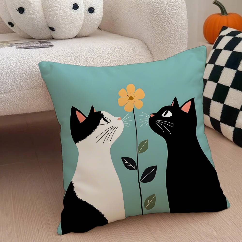 Cute Cartoon Little Black Cat Pillow Case Anti-dustmite Pillowcase Invisible Zipper Silky Short Plush Sofa Cushion Cover
