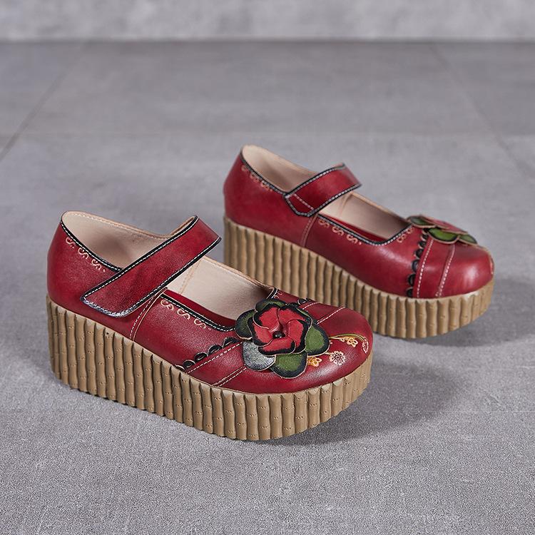 Fashion GKTINOO Retro Pumps Women Shoes Genuine Leather Hook & Loop 2025 New Spring Round Toe Floral Handmade Concise Platform Shoes