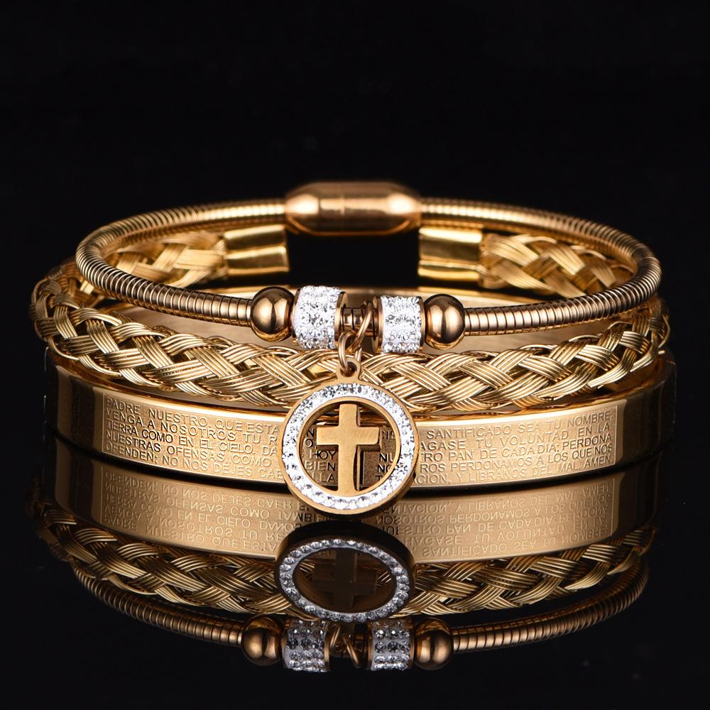 2026 Fashion Trend Round Cross Pendant Bracelet 3 Piece Set Bracelet 19CM