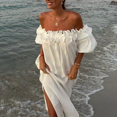 Spring/Summer Women's One-Shoulder Sexy Bubble Sleeve Solid Color Lace Vacation Beach Dress