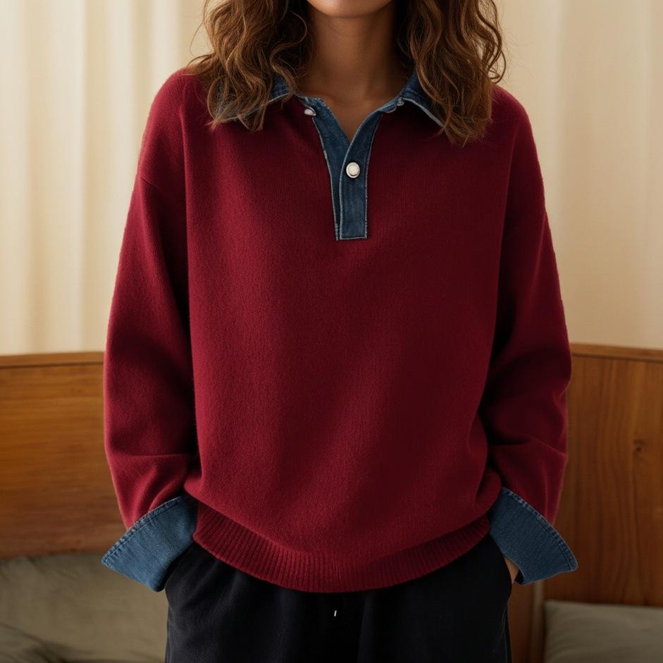 European & American Autumn/Winter Color Block Denim Patchwork Knit Pullover Sweater for Women