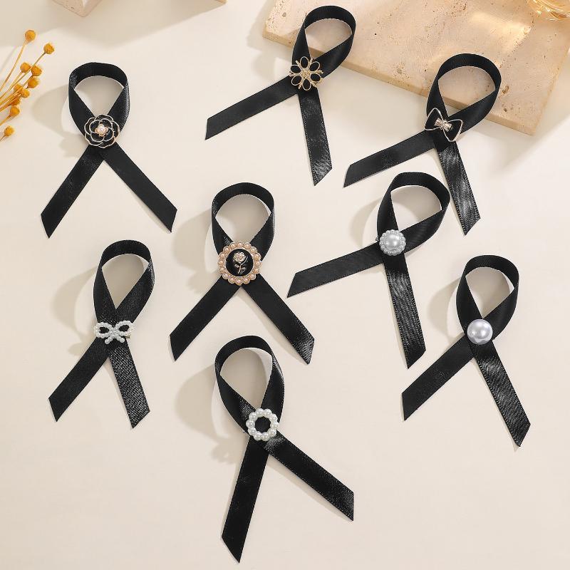 3Pcs Black Memorial Funeral Ribbon With Bow Camellia Pins Brooch Gifts For Funeral Party Armband Mourning Event Remembrance