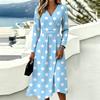 Women's Casual Polka Dot Printed Long Sleeve V-Neck Dress with Pockets