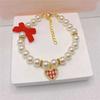 Pet Bow Pearl Collar Cat Jewelry Heart Pendant Necklace Dog Sweet Decorations Puppy Rhinestone Collar Chihuahua Accesorios
