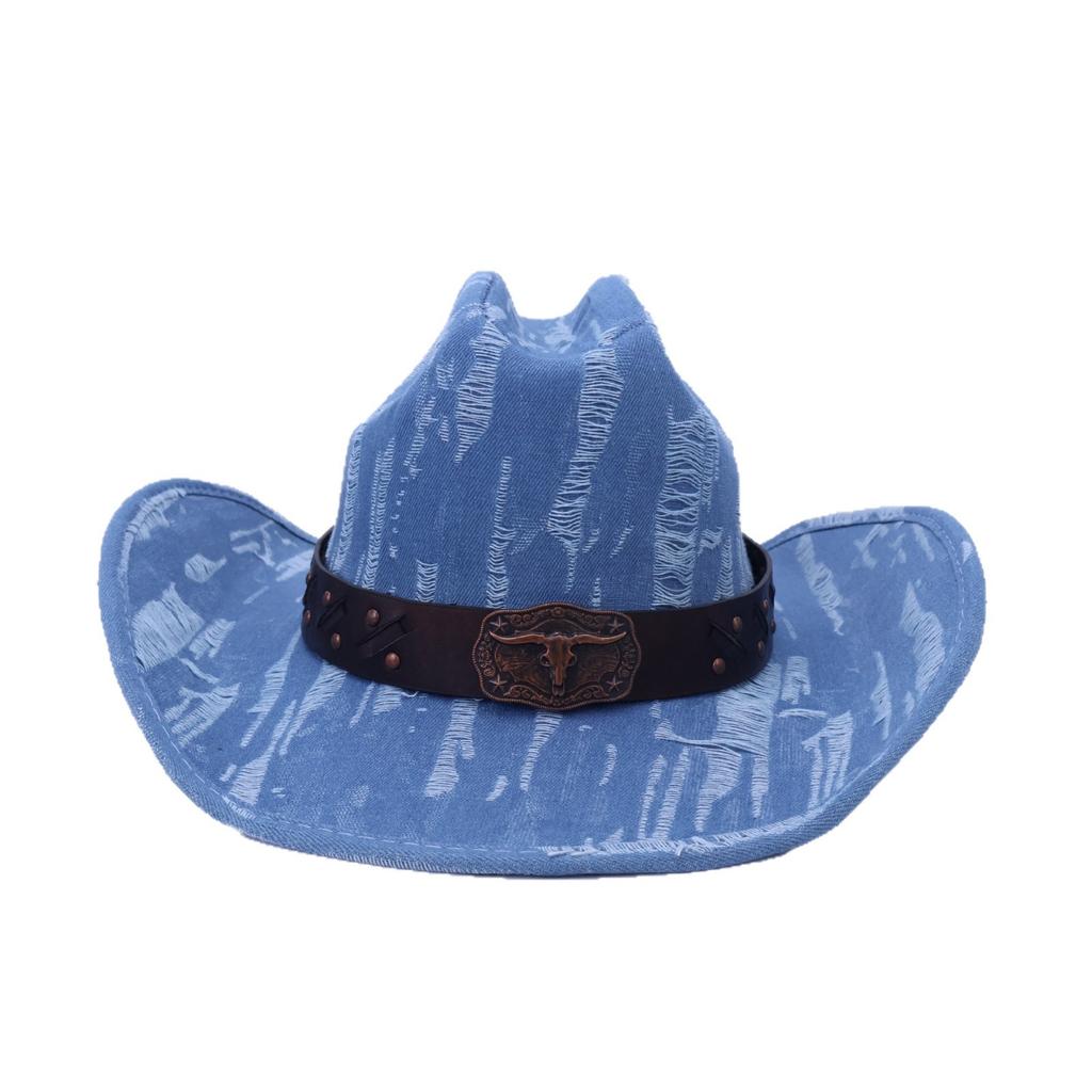 Retro washed western denim hat European and American style men's and women's fashion jazz hat versatile top hat