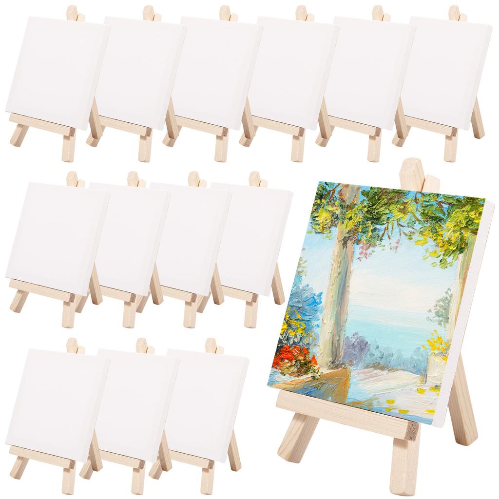 14pcs Mini Canvas And Easel Set Wooden Foldable Canvas Easel Stand Set Tiny Display Holder Easels For Painting Arts And Crafts