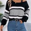 Women's Off Shoulder Sweater - Color Block Striped Bell Sleeve Pullover with Metal Buttons Fall Winter Casual Knitwear