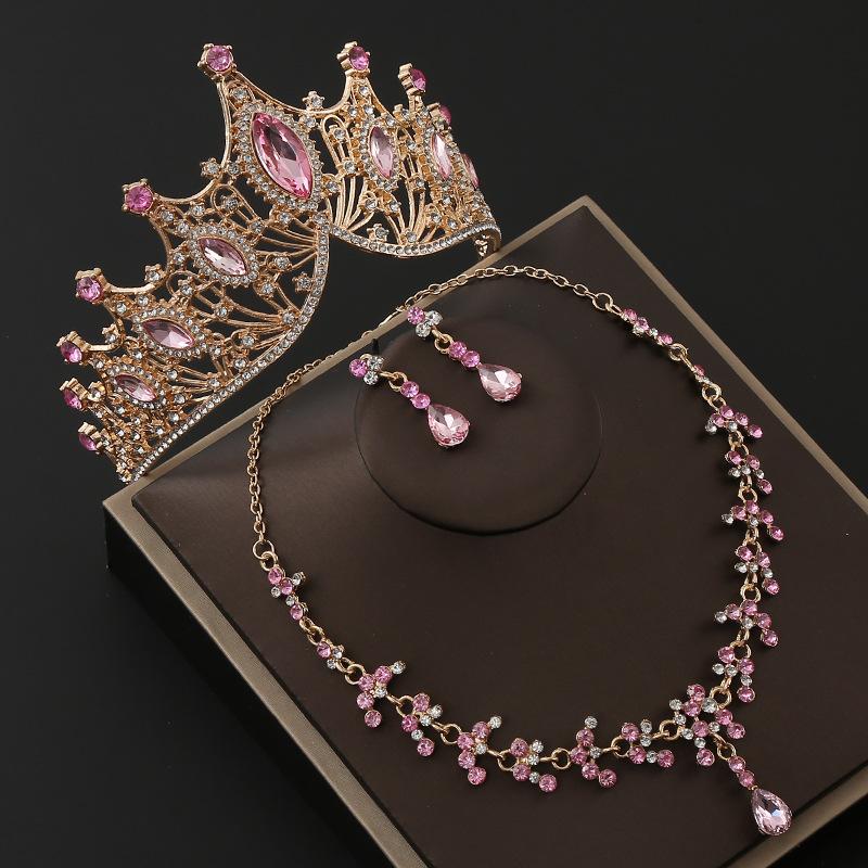 Brautkrone Legierung Strass Stirnband Hochzeit Geburtstag Krone Tiara Halskette Ohrringe Dreiteiliges Set Farbe