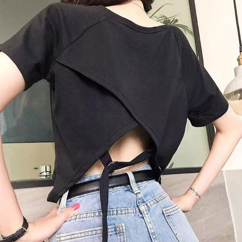 Damen Unregelmäßiges T-Shirt Locker Rundhals Hinten Ausgeschnitten Einfarbig Damen T-Shirts Sommer Koreanischer Stil Mode Damen Oberteil