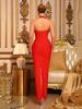 Elegant Black & Red Halter Bandage Evening Gown with Sexy Hollow Design