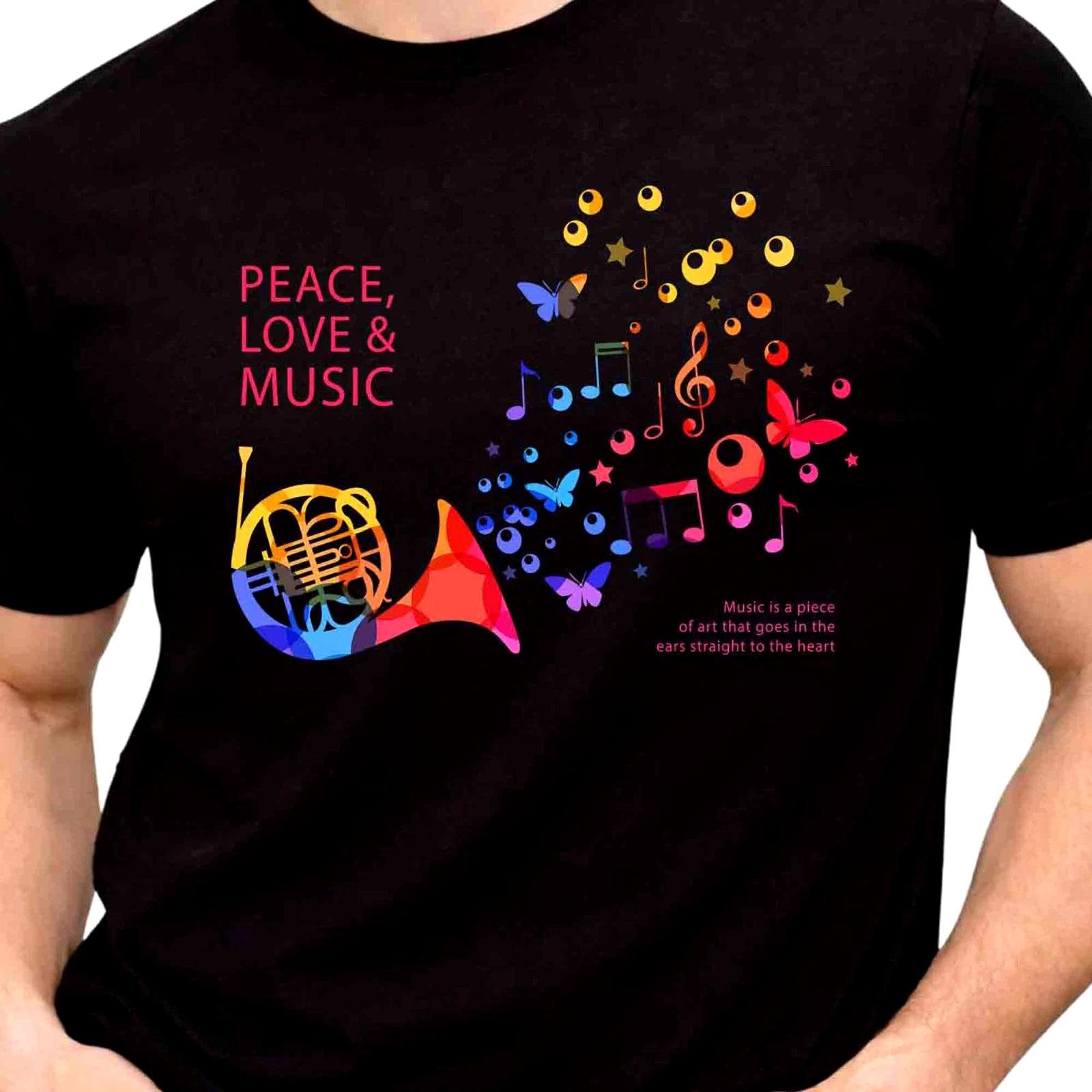Peace Love Music Graphic T-Shirt Colorful Notes Instrument Art Retro Lover Tee XL