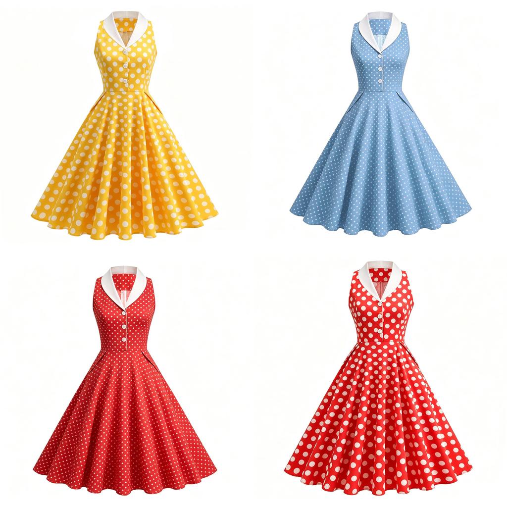 Vintage Summer Dress For Women With Polka Dot Pattern Cotton Blend For Casual And Party Wear