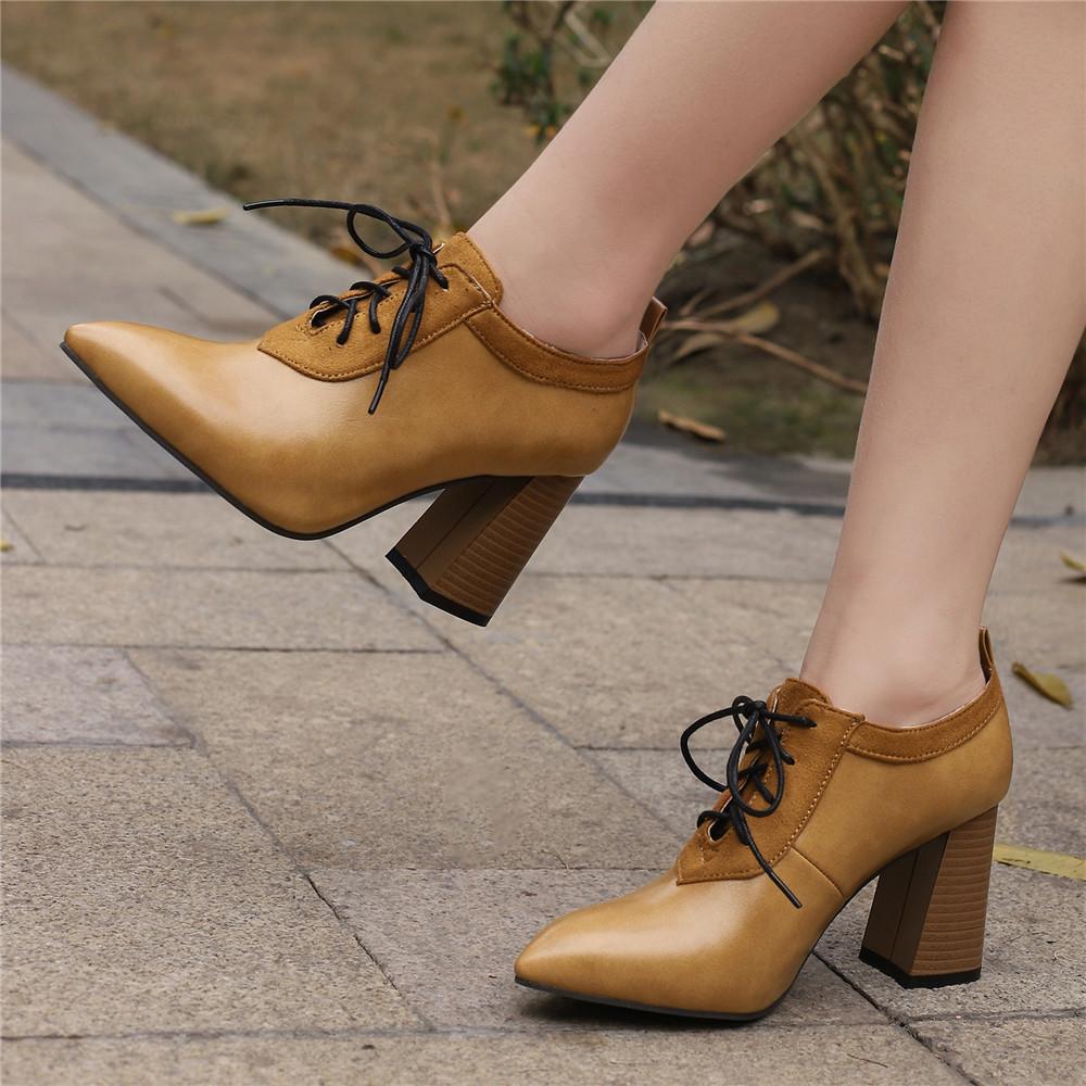 Women Pumps Pointed Toe Lace up Thick Heel Platform Brogue Student Carved Retro Classic Spring Autumn New