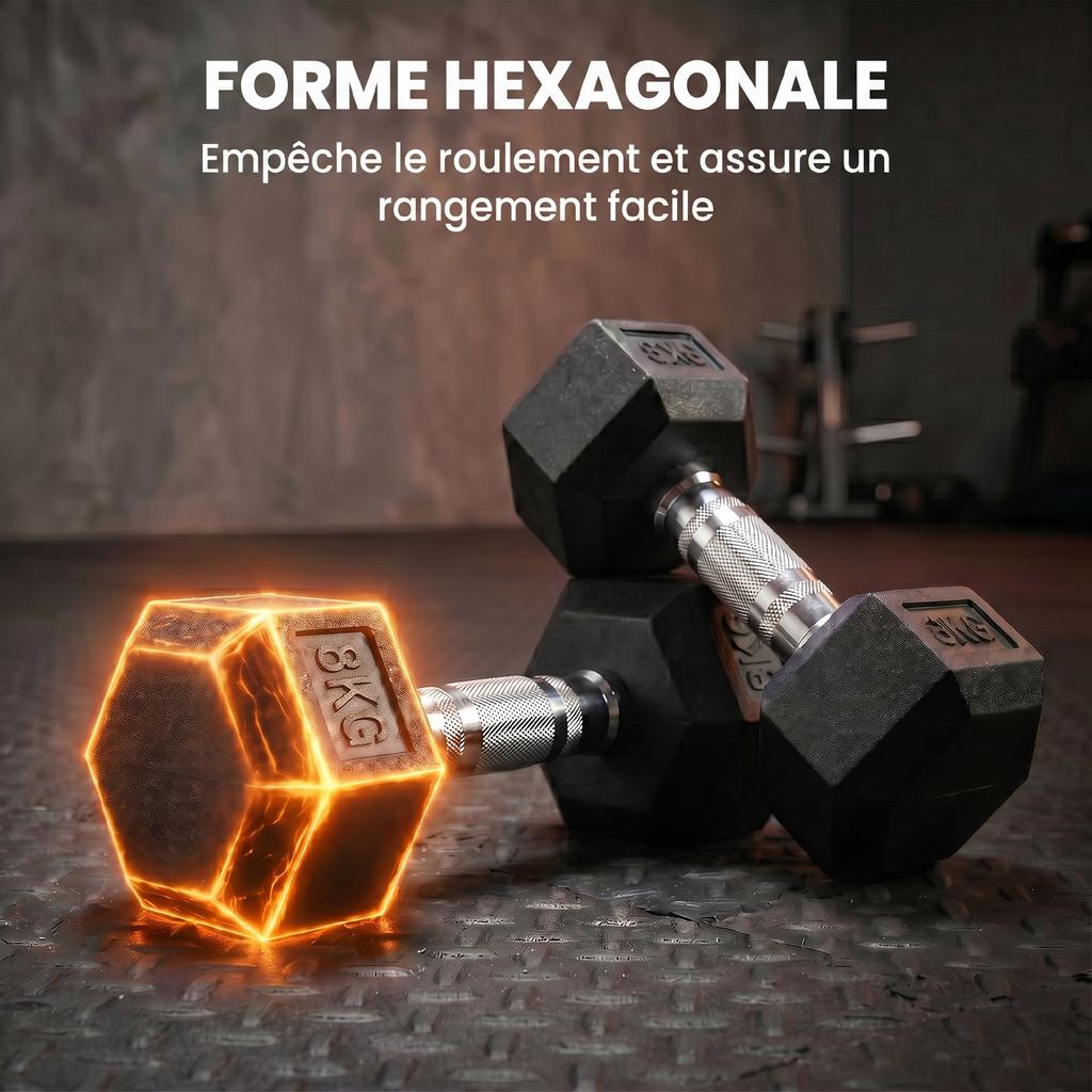 Set of 16 kg Hexagonal Dumbbells, Muscle Training & Weightlifting, Black Metal and Rubber