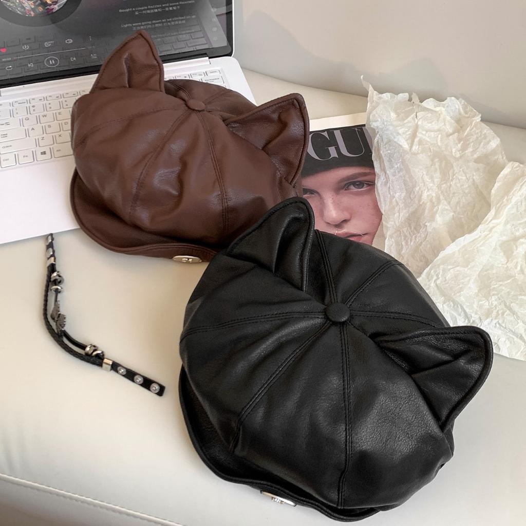 Hot Girl Folded Leather Cat Ears Beret Autumn and Winter Retro Cute Octagonal Hat American Sweet Painter Newspaper Boy Hat