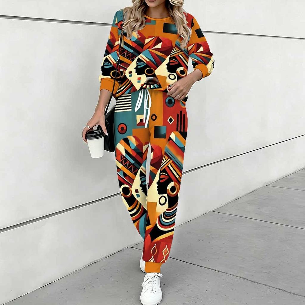 Women Geometric Pattern Print Two Piece Outfit, Long Sleeve Crew Neck Top & Drawstring Jogger Pants Casual Tracksuit for Spring Autumn