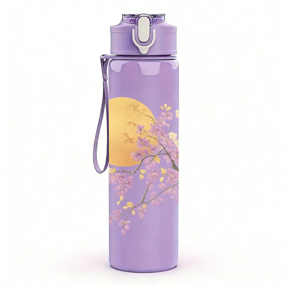 1PC Moon Cherry Blossom Branch Scene 750ml Color Plastic Sports Water Bottle Leakproof Flip Straw Lid For Sports Office Home Use