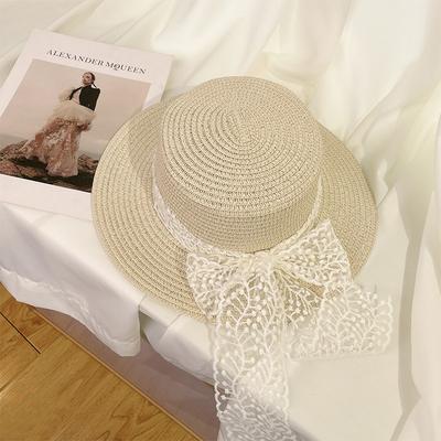 Kleiner frischer pastoraler Stil modischer vielseitiger flacher Spitzen-Sonnenhut Damen Strohgeflecht Reise-Sonnenhut Sonnenschutz
