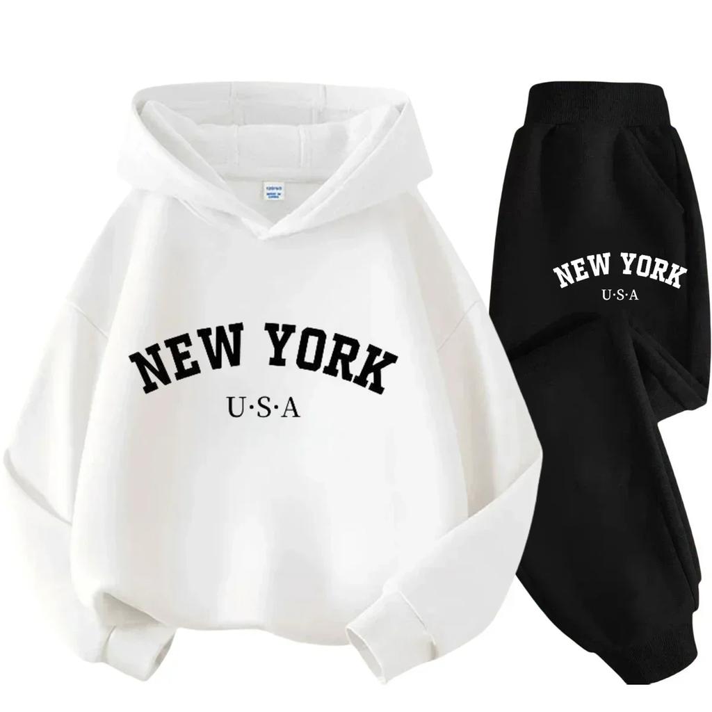 New York Amerikanischer Buchstaben-Print Kinder Kapuzenpullover+Hose Zweiteiliges Set Junge Mädchen Herbst Winter Täglich Locker