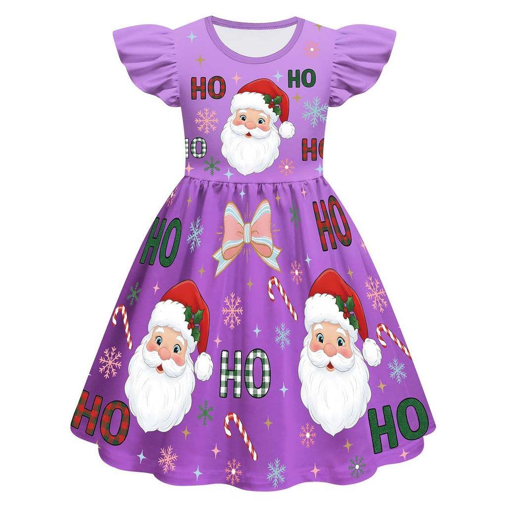 Kids Girls Cartoon Santa Claus Christmas Tree Elk Print Ruffle Sleevess New Year Dress