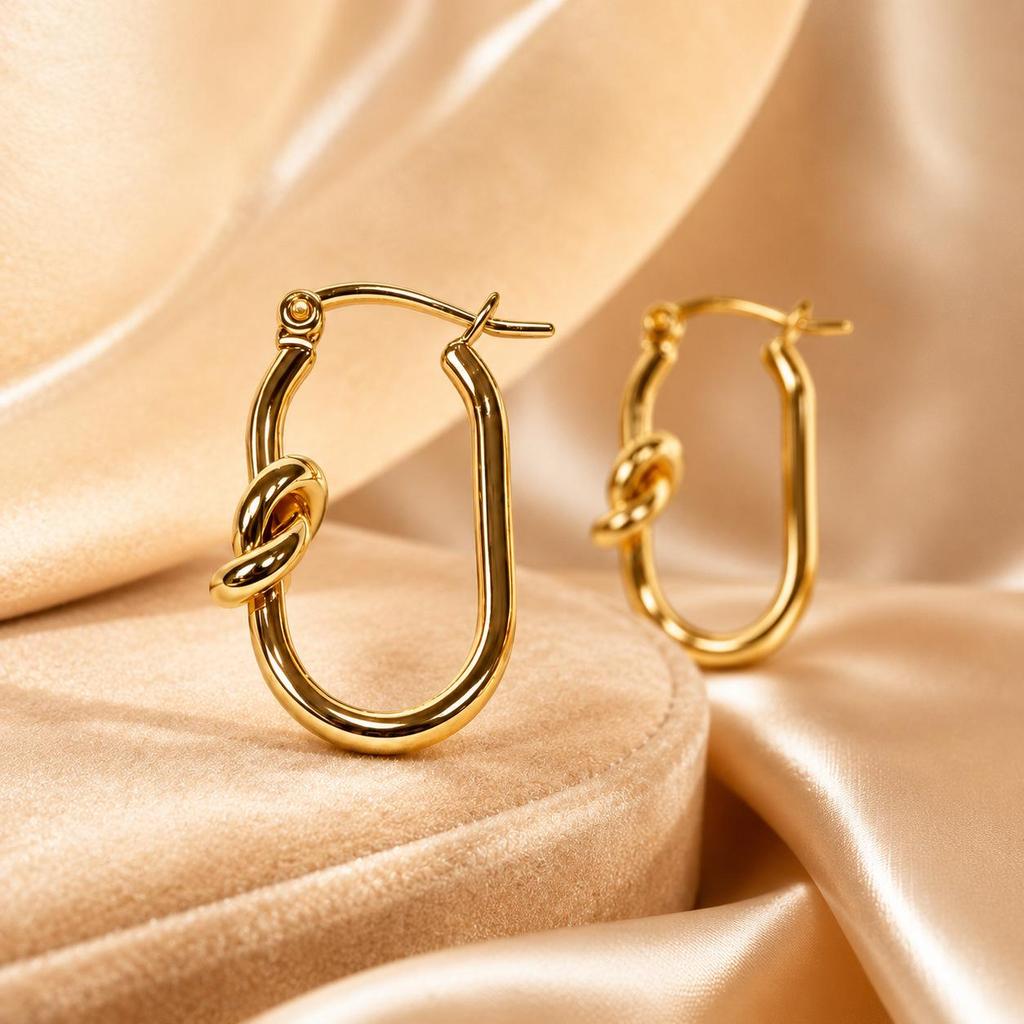 Gold Knotted Hoop Earrings - Light Luxury & Simple Style, Stainless Steel Plated Ear Studs