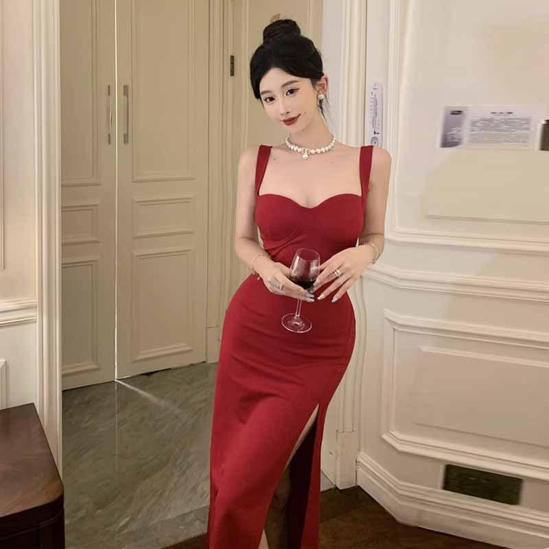 Robe slim pour femme, tempérament sexy, décolleté plongeant, dos fendu