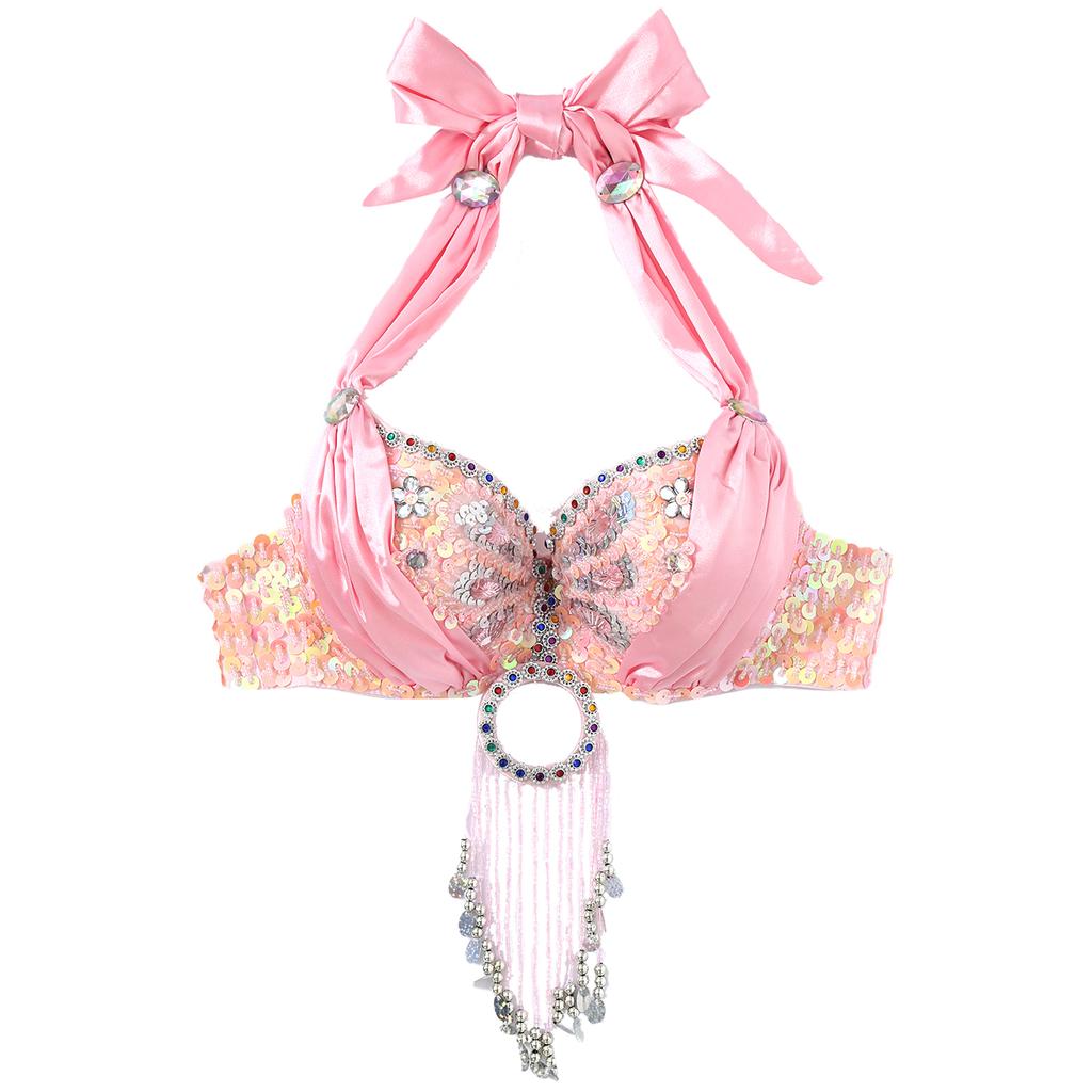 Womens Rhinestone Belly Dance Bra Top Glitter Underwire Bustier Sequined Tassel Brassiere Costume Performance Dancewear