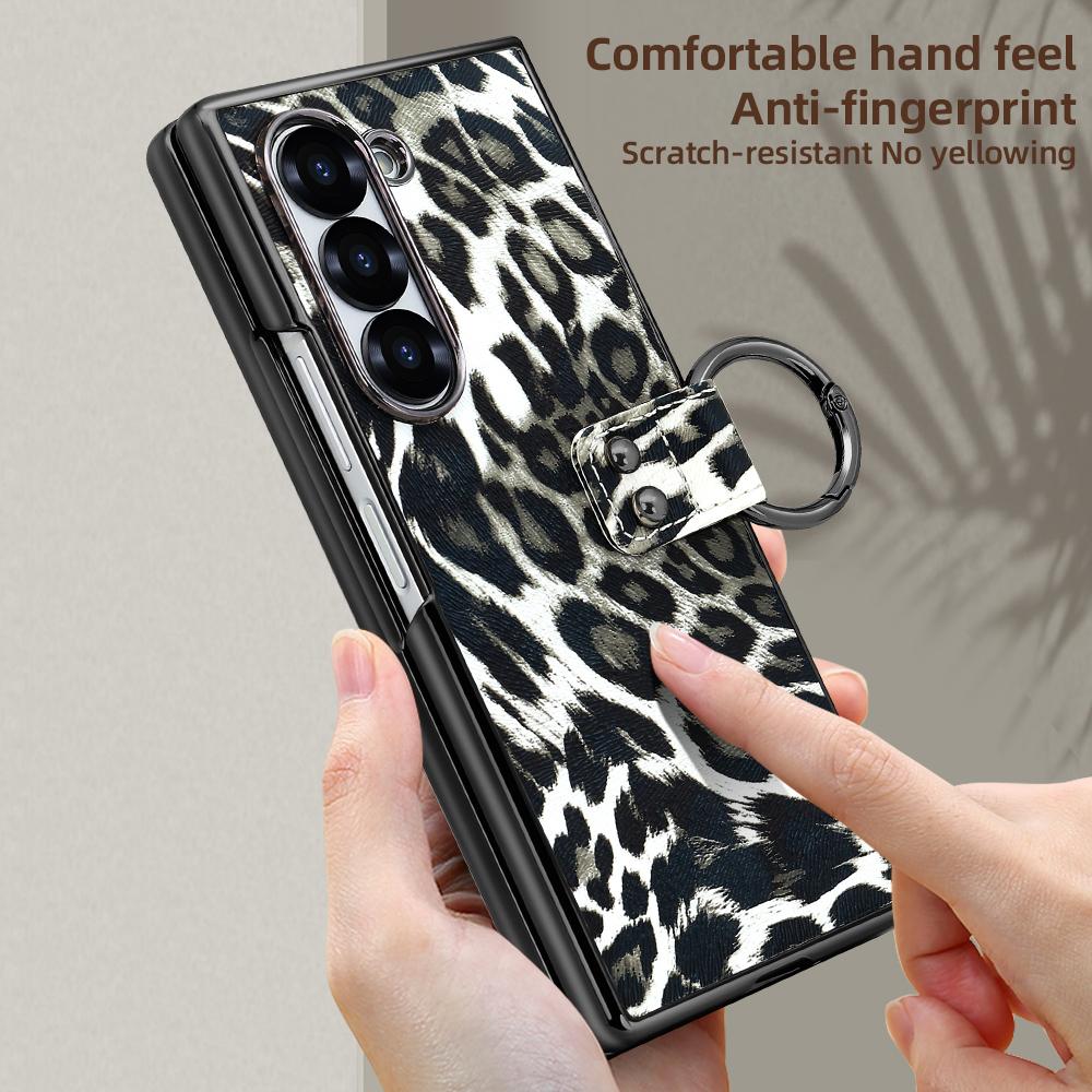 For Samsung Galaxy Z Fold6 5G Case Leopard Pattern PU PC Phone Cover with Tempered Glass Film/Ring Holder