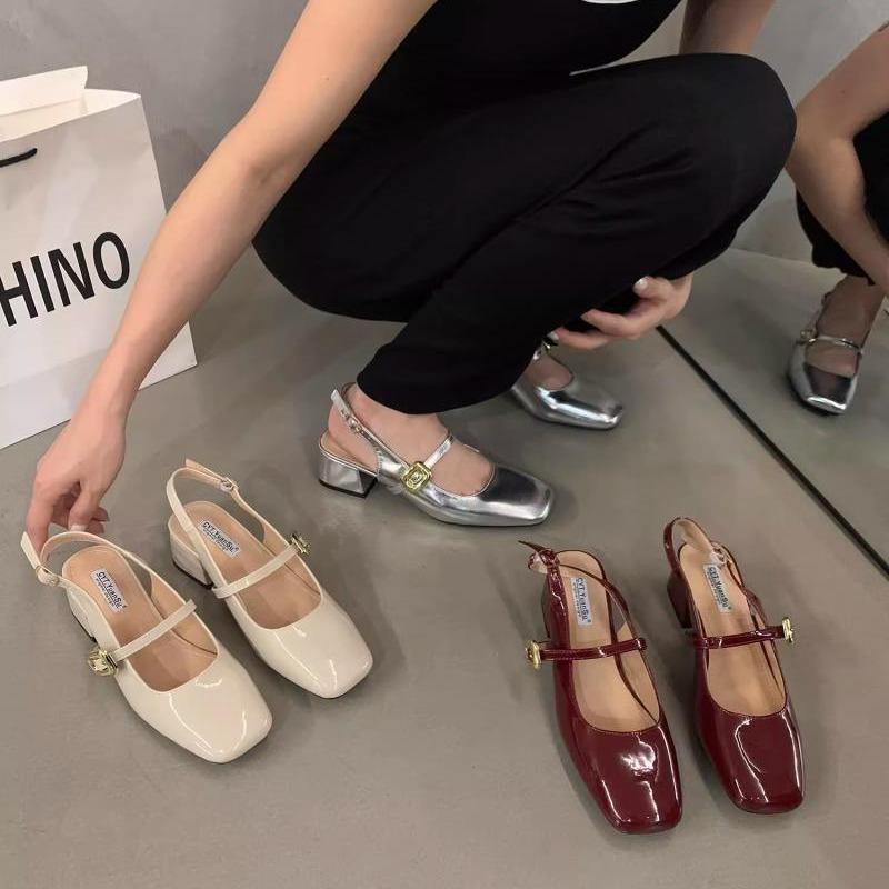 French thick heel bag head sandals women's skirt red single shoes 2025 summer new gentle evening Mary Jane shoes