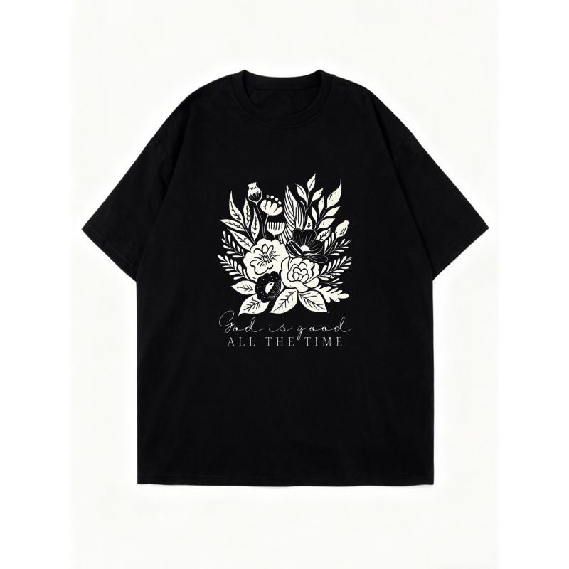 Black Oversized T-Shirt With Floral Design And God Is Good All The Time Text For Casual Wear