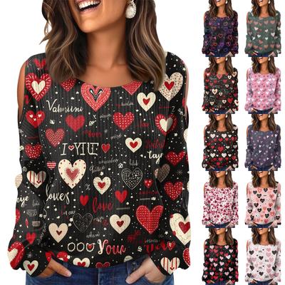 Damen Winter Oversized T-Shirt Modisch Schulterfrei Rundhals Vintage Blumendruck Pullover Langarm Oberteil