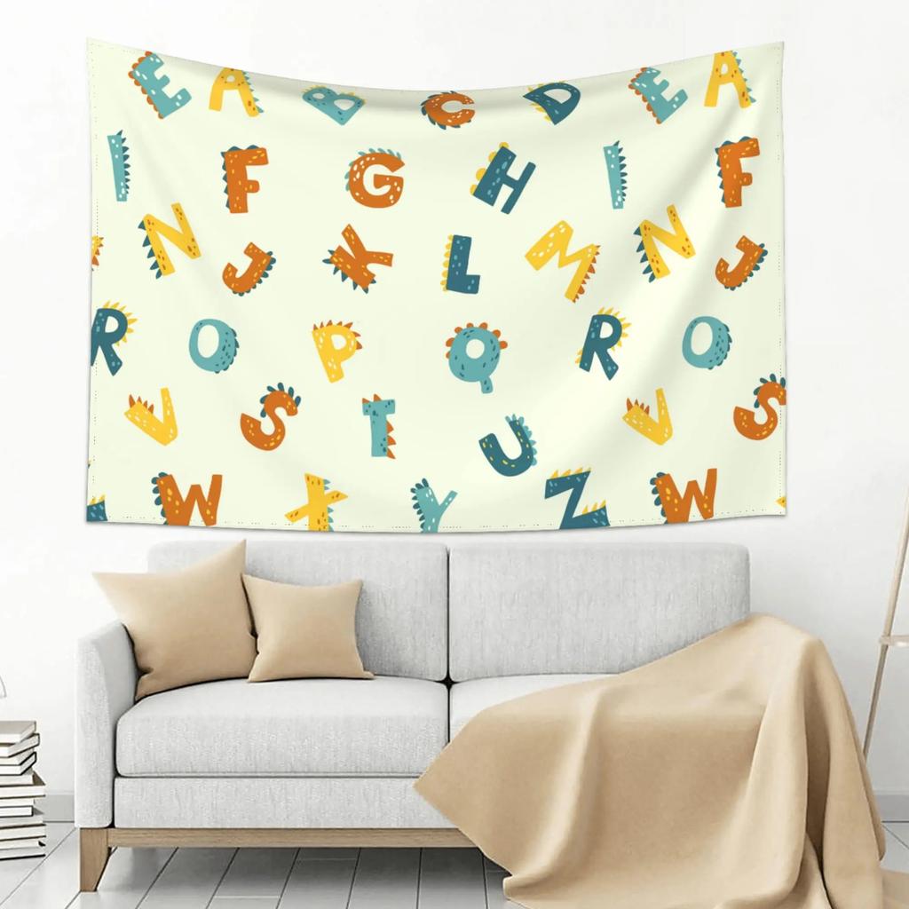 Alphabet Poster Tapestry for Boys Girls Bedroom ABC Learning for Toddlers Cute Dinosaur Art Educational Tapestries Wall Hanging