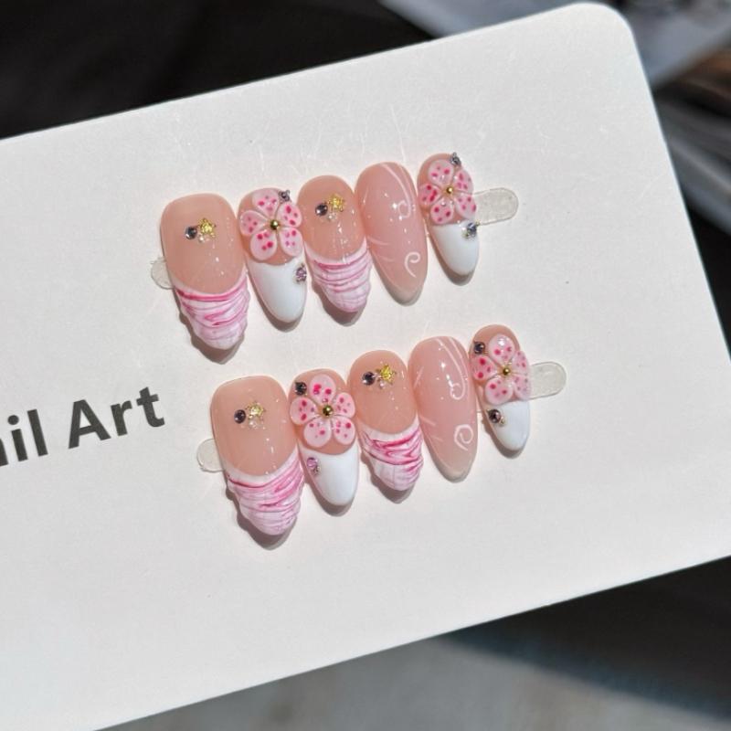 10Pcs Handmade Nude French Fake Nails with Ribbon & 3D Cherry Blossom Accents XS