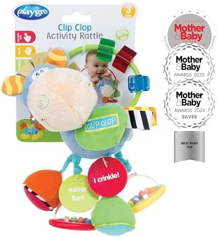 Playgro Clip Clop Baby Activity Toy 0188462 Black Clip-On Rattle for Sensory Development