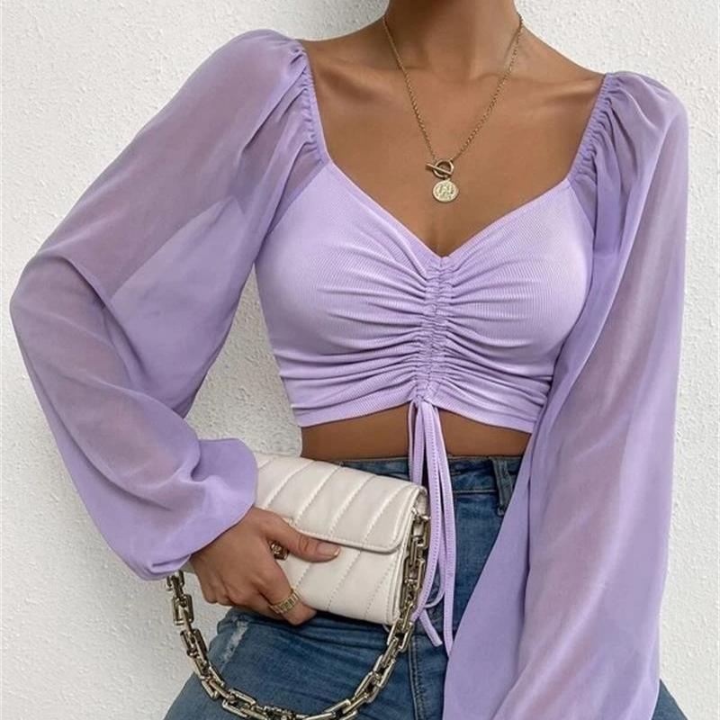 Women's Summer New V-neck Chiffon Drawstring Lantern Sleeve Tight Fashion Sexy Shirt Top